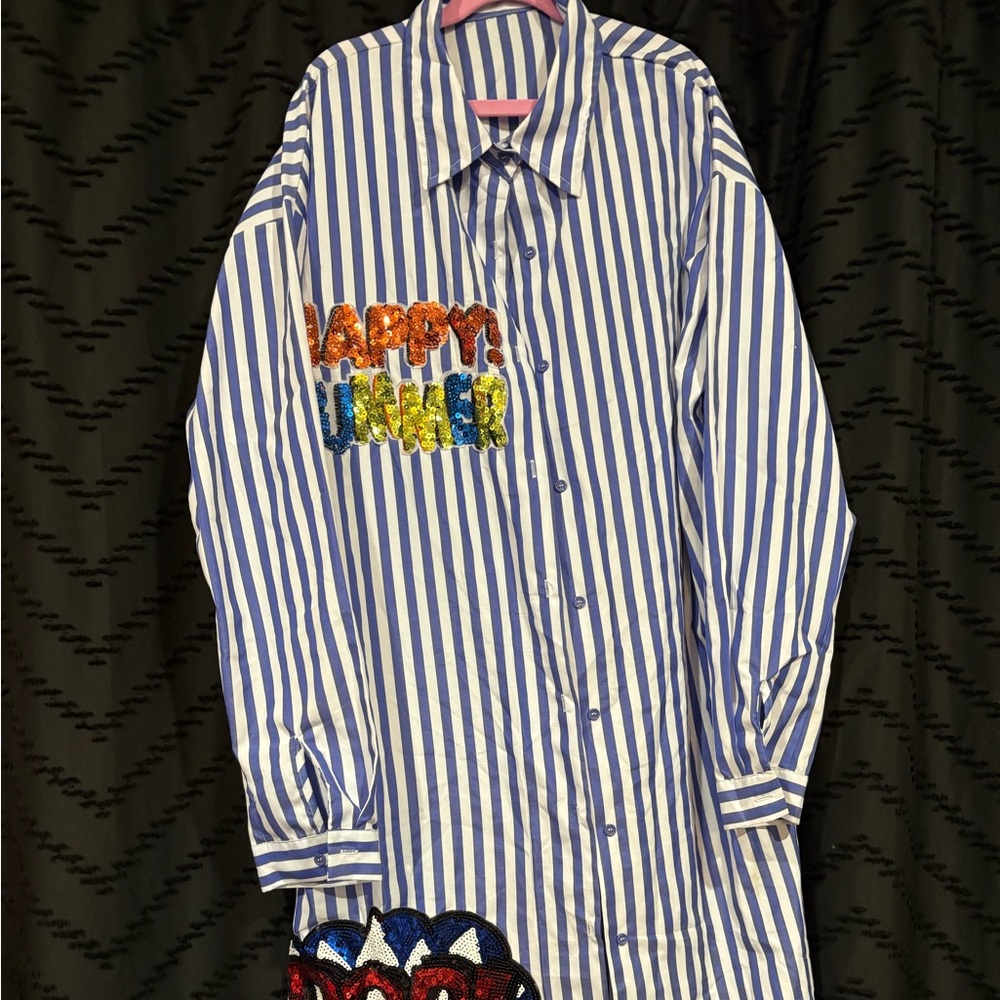 Blue Striped Button up Tunic with Embroidered Design